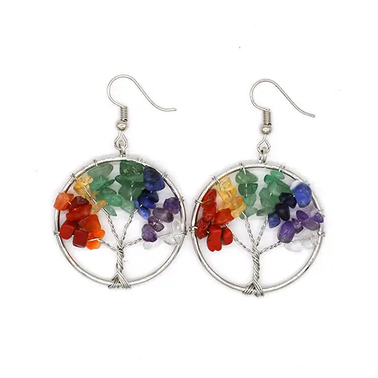 Fashion Jewelry Handmade Colorful Irregular Natural Stones 7 Chakra Tree Of Life Drop Earrings For Women