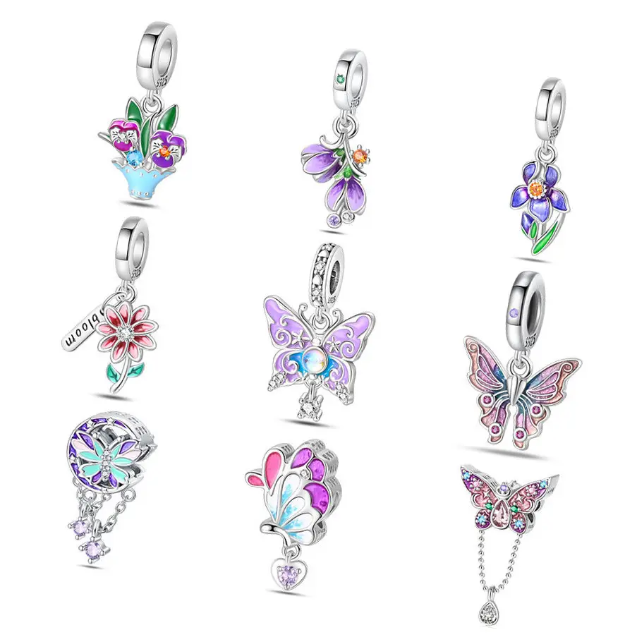 2024 primavera colorati fiori farfalla ciondoli perline 925 argento Sterling alla moda fatti da te braccialetti originali diamanti