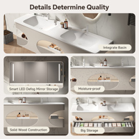 Mueble de Baño de Estilo Minimalista Clásico para Hotel o Villa, Gabinete de Madera Sólida Montado en la Pared, Lavabo de Piedra, Espejo Inteligente con Almacenamiento