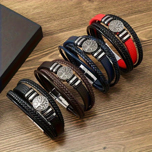 Anti Tarnished 316L Stainless Steel Fashion <b>Men</b>’s Gold <b>Bracelet</b> & Bangle Tree of Life <b>Leather</b> Magnetic Wrap <b>Bracelet</b> For <b>Men</b> - Product Image 1