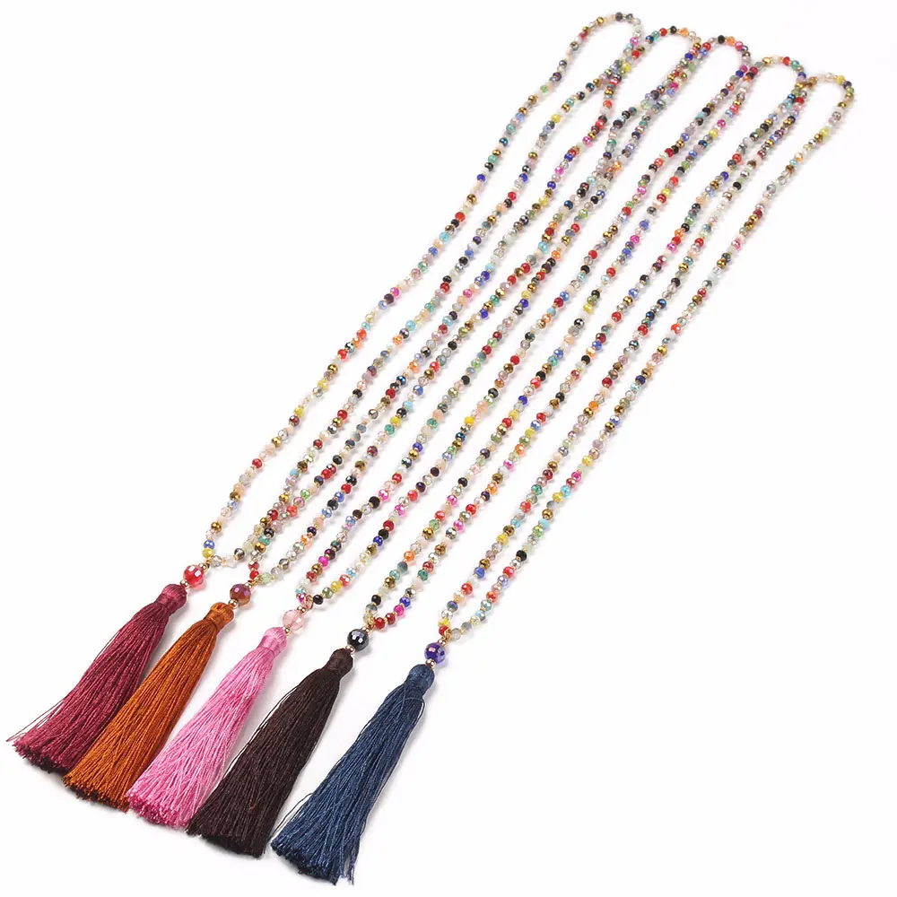 Boho Lange Tassel Verklaring Ketting Vrouwen Etnische Kleurrijke Crystal Stone Kralen Hanger Ketting Bohemian Handgemaakte Sieraden Gift