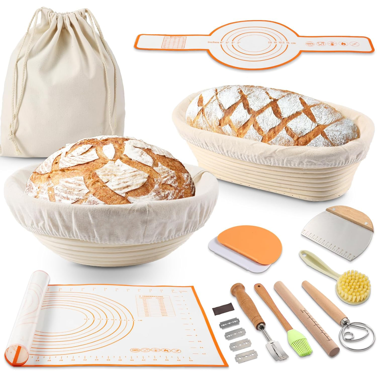 Bread Experience Stokbrood Proofing Basket - Handgemaakte 15 inch baneton voor zuurdesem en Frans brood - Set van 2 - Natuurlijke Rotan Brood Rising Bowls met Liner- Inclusief Recept eBook