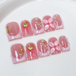 <span class=keywords><strong>Uñas</strong></span> Postizas Hechas a Mano, Cuadradas, Cortas, con Punta Francesa Rosa y <span class=keywords><strong>Diseños</strong></span> <span class=keywords><strong>de</strong></span> Flores en 3D, <span class=keywords><strong>Uñas</strong></span> Acrílicas <span class=keywords><strong>de</strong></span> Lujo para Mujer, 10 Piezas - Product Image 3