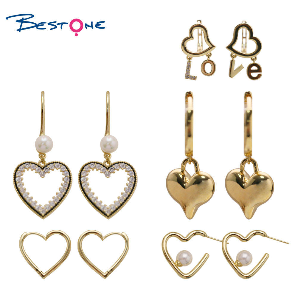 Bestone Gold Plated Heart Shape Pearl Hollowed Hoop Stud Earring Crystal Stone Party Daily Wearing Fashion Earring 