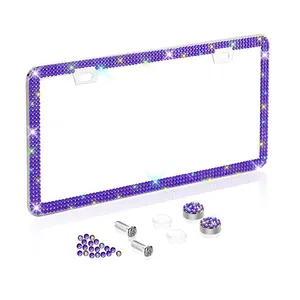 Purple Car Bling License Plate Frame Sparkly 2 Holes 3 Row Acrylic Crystal Stainless Steel Universal License Plate Frame for US