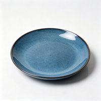 Service de table rond en grès EKA avec glaçure réactive bleue, bord foncé, style Wabi-sabi, vaisselle en céramique pour la maison et l'hôtellerie (assiettes et bols)
