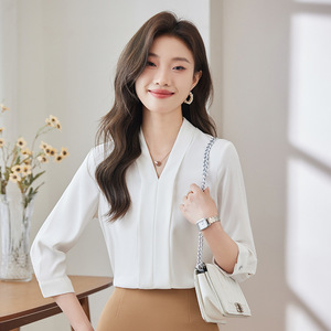 Women's White Chiffon Blouse Three Quarter Sleeve V Neck Professional Workwear Shirt Solid Color Polyester Fabric - Product Image 1