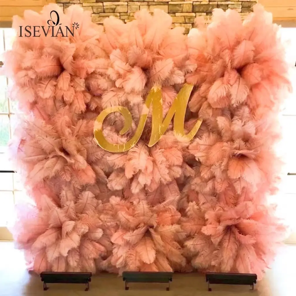 ISEVIAN Colored Ostrich Feather Wall Events Photo Backdrop Wall Pink Ostrich Feathers