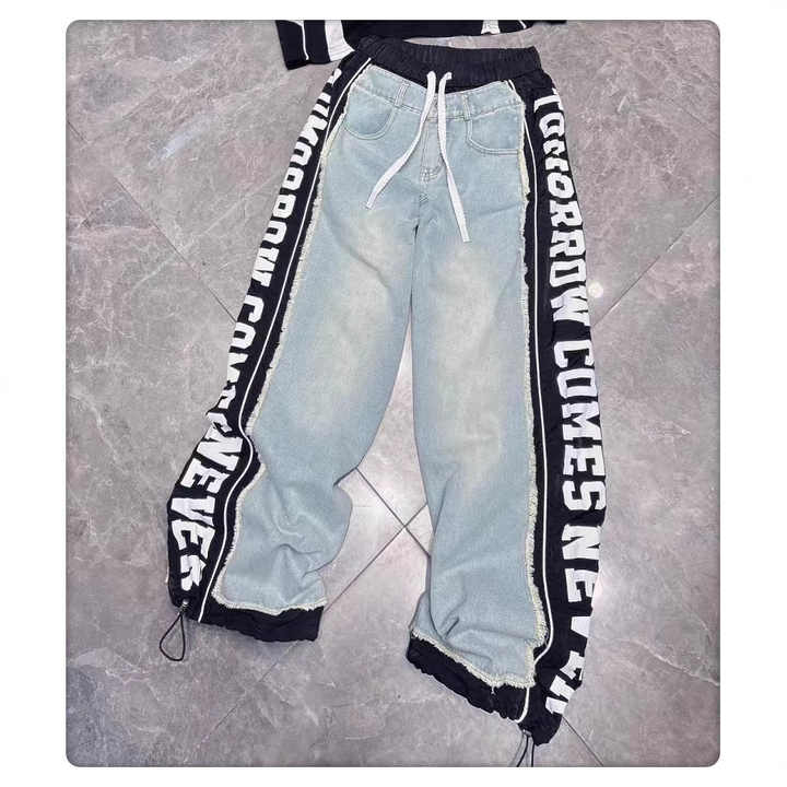 Spring New European Style Red Patchwork Letter Print High Waist Elastic Denim Jeans for Women Drawstring Long Pants-Trendy P0273