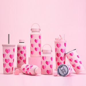 Termo deportivo de acero inoxidable con corazón Rosa moderno, botella de agua fría deportiva con asa portátil, té/café/pajita de leche, San Valentín - Product Image 3