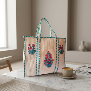 Bolsa de Mano Grande de Algodón Acolchado con Estampado Floral, Diseño de Moda, Cierre Abierto, Asas Largas, para Compras, Todas las Temporadas - Product Image 2