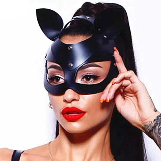 Mezza maschera in pelle artificiale da donna cat design giochi di ruolo per adulti