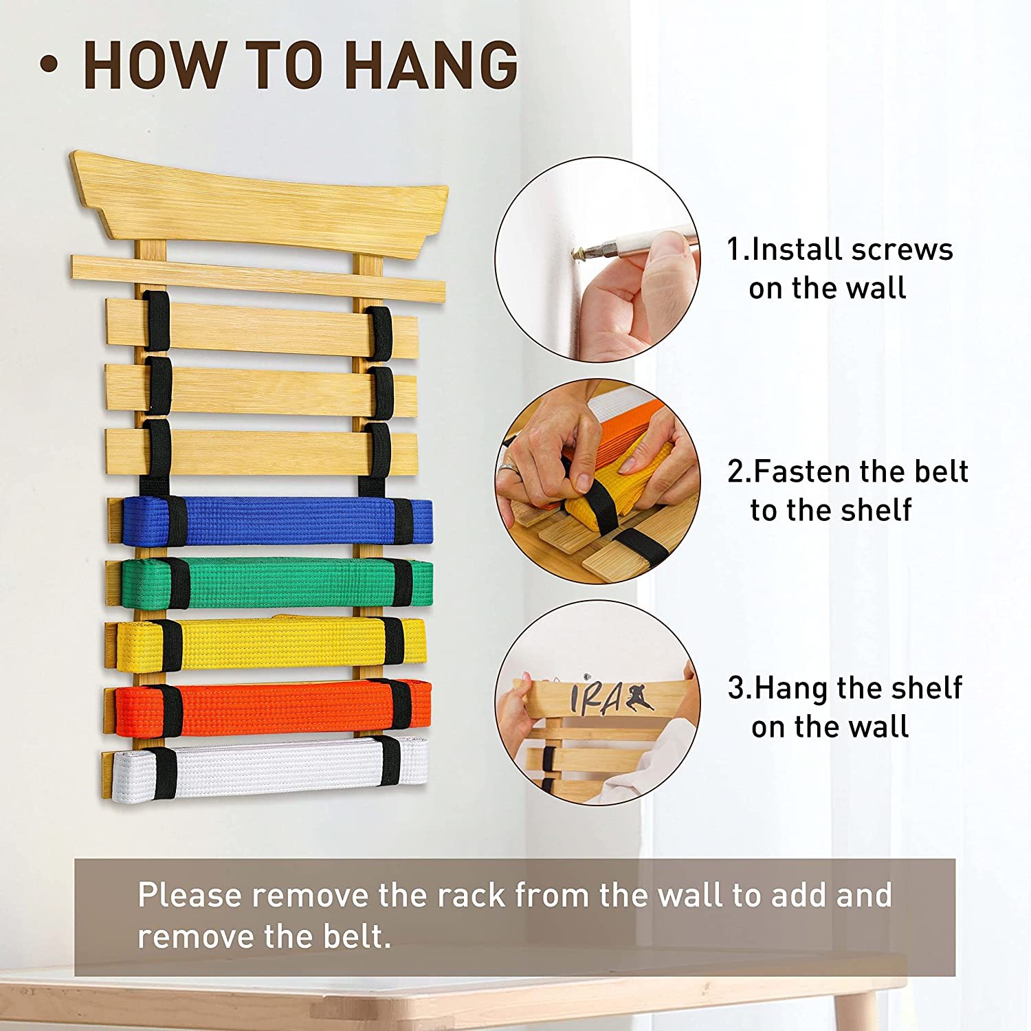 Wall Mounted Pine Wood Display Stand Bamboo Karate Belt Display Rack for Belt Holder — view 3