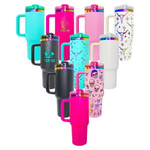 Custom logo Rainbow Plating <b>40oz</b> <b>Tumbler</b> <b>With</b> <b>Handle</b> and Straw for Laser Engraving - Product Image 2