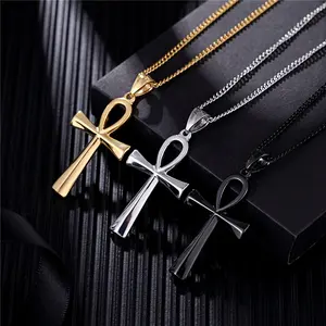 Fashion Jewelry Simple Ancient Egypt Cross Smooth Stainless Steel Gold Plated Pendant Necklaces Women Men