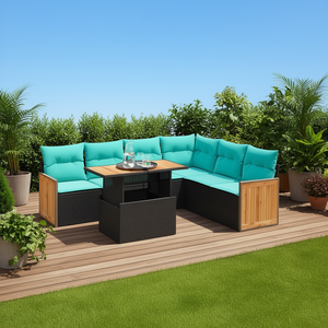 Set di divani da patio in polyrattan nero con cuscini, eleganti mobili da esterno, 7 pezzi - Product Image 2