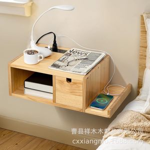 Wooden Bedside Storage <b>Shelf</b> With Drawer Solid <b>Pine</b> Natural Color Floating Nightstand Bedroom Organizer - Product Image 3
