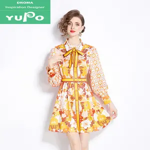 Droma 2024 in stock spring new collection print vintage lapel fashion dress lantern sleeve high waist A-line dresses women