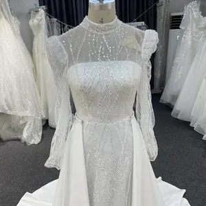 Gaun pengantin lengan panjang kerah tinggi ukuran Plus gaun pengantin Muslin 2-in-1 lepas pasang renda belakang elegan gaun pernikahan mewah sederhana
