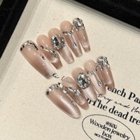 Diseño # 2510 # 2512 Uñas Postizas Francesas Hechas a Mano con Diamantes 3D, Forma Ataúd Larga, Resistentes al Agua, Reutilizables, de Lujo, con Efecto Ojo de Gato