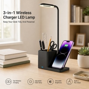 Support de charge sans fil avec veilleuse LED, porte-stylo, chargeur sans fil rapide 15W pour iPhone, Apple Watch, AirPods, support de bureau - Product Image 1