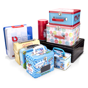 Custom hinged lid coolie box candy metal tin food cans for cakes food grade rectangular tin lunch boxes with handle lock OEM