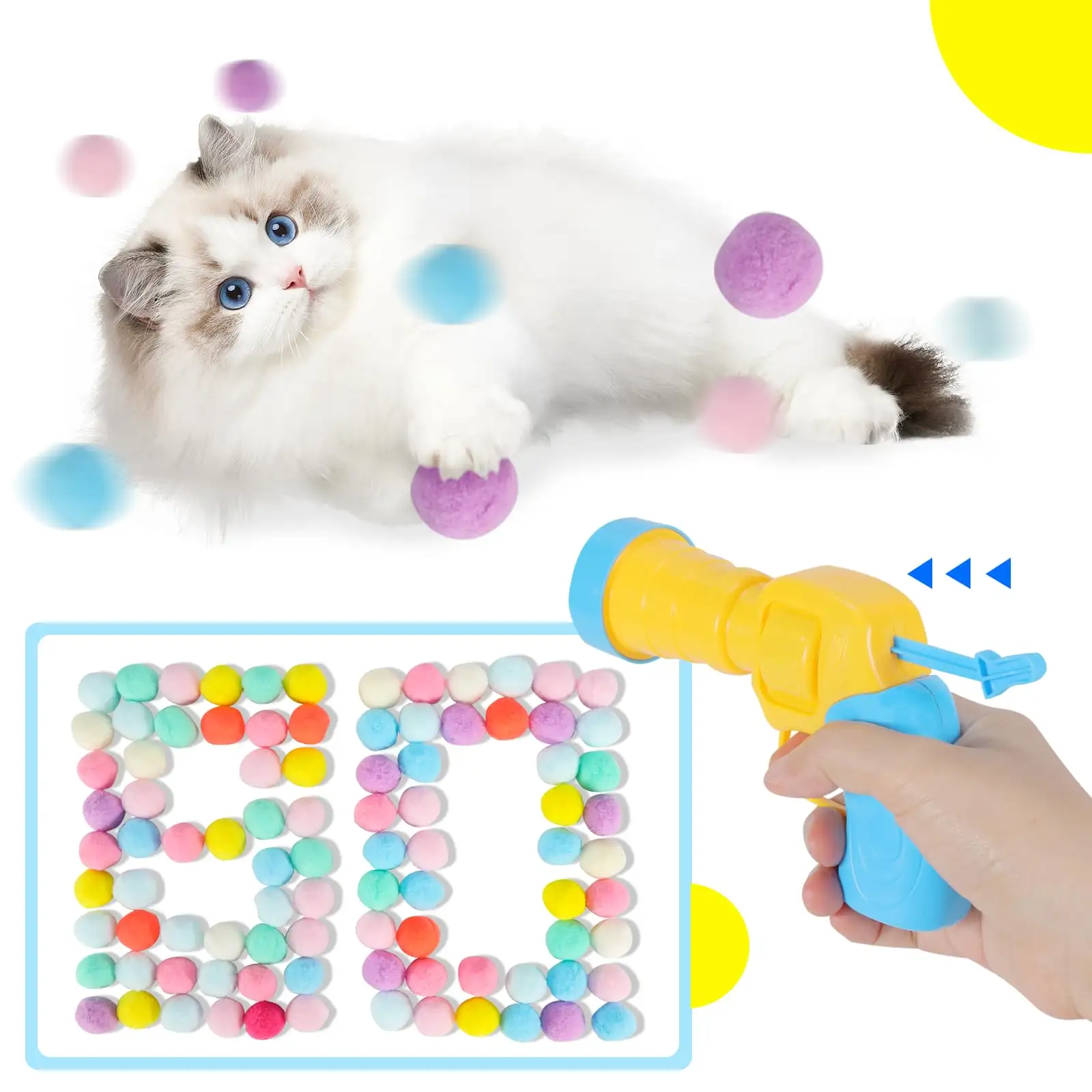 सक्रिय रंगीन इंटरैक्टिव बिल्ली प्लास्टिक टेबल टेनिस बंदूक व्यायाम खिलौने गेंदों लांचर खिलौने नरम बिल्ली पोम पोम गेंदों के साथ सेट के लिए