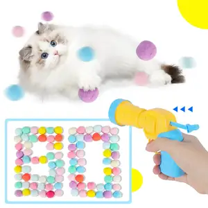 Active Colorful Interactive Cat Plastic Table Tennis Gun Exercise Toys Balls Launcher Toys Set with Soft Cat Pom Pom Balls for