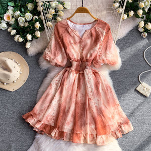 Vestido <span class=keywords><strong>de</strong></span> verano vintage francés <span class=keywords><strong>de</strong></span> gasa estampada con mangas farol para mujer, holgado, con cintura ajustada y volantes que estilizan la figura - Product Image 2