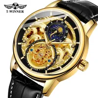 Montre mécanique Winner 514 avec phase lunaire, cadran squelette sculpté, design de luxe, bracelet en cuir, montre-bracelet pour homme, Reloj