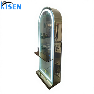 Vitrina de acero inoxidable KISEN para salón con iluminación LED y estantes de almacenamiento, espejo de diseño contemporáneo para barbería. - Product Image 1