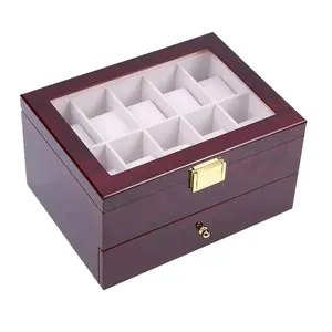 wholesale luxury red wooden 20 slots double deck drawer watch packaging display box with pillow