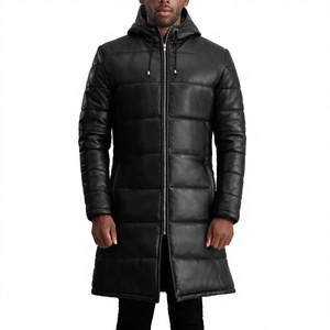 <b>Men's</b> Genuine <b>Leather</b> Eco-Friendly Breathable Waterproof Anti-Wrinkle Mandarin Collar Double Breasted <b>Long</b> Winter Overcoat - Product Image 3