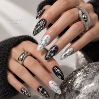 30 faux ongles gothiques faits à la main, forme amande moyenne, avec papillons 3D, étoiles argentées et motifs irréguliers, prêts à poser, style punk noir