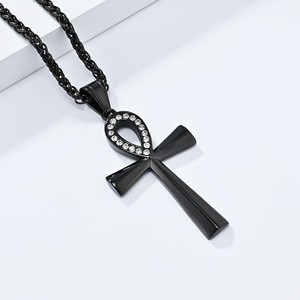Popular yunnique style ancient Egyptian Ankha diamond-encrusted cross necklace pendant for men, colorfast <b>titanium</b> - Product Image 4