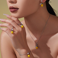 Cincin Zirkon Liontin Lemon Segar Trendi, Perhiasan Buah Serbaguna Modis, Set Kalung Cincin Gelang