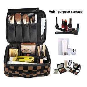 Brown/Black Checkered Professional <b>Makeup</b> Artist Holder Cosmetic <b>Box</b> Organizer <b>Makeup</b> Travel Case with Adjustable Dividers - Product Image 3