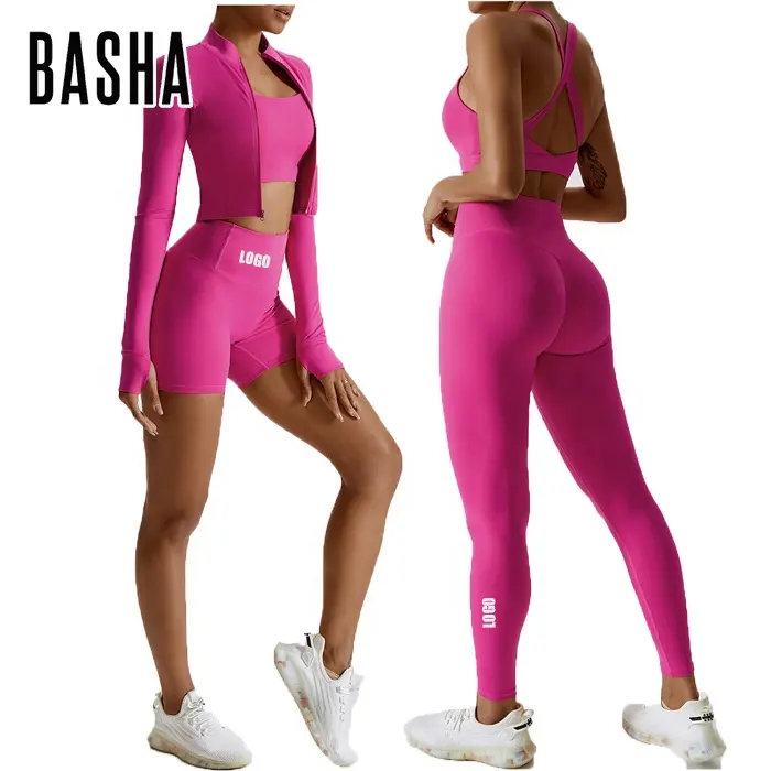 BASHAsports 2023 Lulu Factory Sale 4PCS Women Coat Top Sportswear Workout Sport Leggings Gym Fitness Yoga Active Wear Sets
