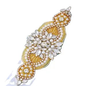 Aksesori buatan tangan garmen diy gaun pernikahan pengantin ornamen kerudung berlian imitasi kristal mewah mutiara manik-manik applique patch renda