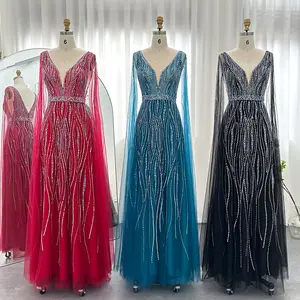 Scz124 Luxury Dubai Black Arabic Evening Dress With Cape Sleeves Elegant Blue Red Women Wedding Formal Party Gowns