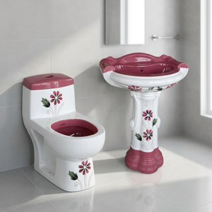 Ensemble complet de sanitaires en céramique Vitrossa de couleur verte chinoise, comprenant un WC et un lavabo sur piédestal - Product Image 5