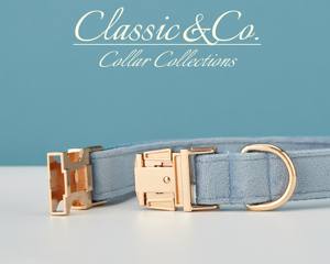 Collier et laisse pour chien personnalisés avec nom gravé, boucle en métal, bleu poussière, avec clochette et nœud, livraison gratuite - Product Image 5