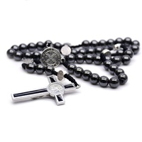 Chapelet à cordon en hématite de 8mm, chapelet tissé noir, collier de croix religieux, chapelet gothique