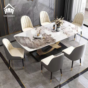 Set <span class=keywords><strong>Tavolo</strong></span> da Pranzo <span class=keywords><strong>Rettangolare</strong></span> in Pietra Sinterizzata Effetto Marmo Stile Italiano di Lusso Leggero con 6 Sedie, Moderno Minimalista <span class=keywords><strong>per</strong></span> Appartamento e Villa - Product Image 1
