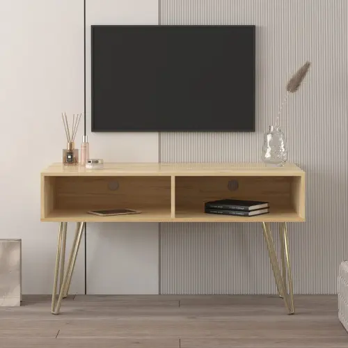 आधुनिक डिजाइन टीवी स्टैंड के साथ स्थिर धातु पैर 2 खुले डाल करने के लिए अलमारियों के टीवी, डीवीडी, रूटर, किताबें, और छोटे गहने, ग्रे कमरे में रहने वाले