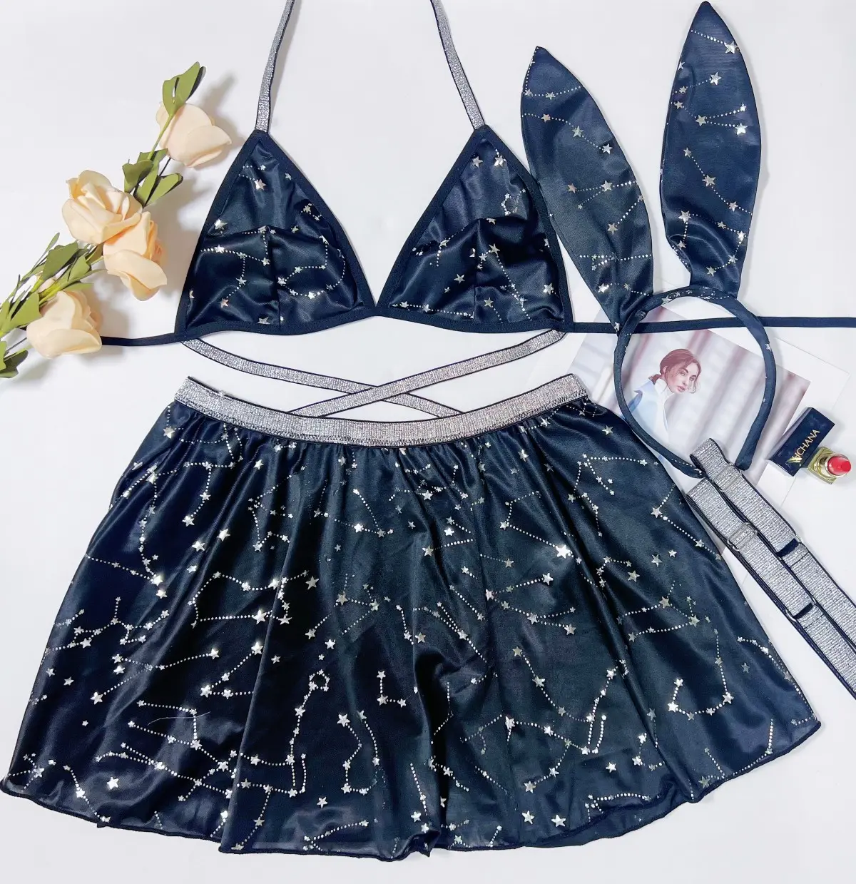 Cute Cross Strap Naked Back Starry Sky Black Yarn Dress Nightclub Party Bunny Girl cosplay costume set