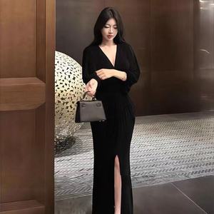 V Neck Puff Sleeve Slit Dress Black Solid Color Long Cocktail Dress Women Elegant Bodycon Fit High Waist Design - Product Image 5