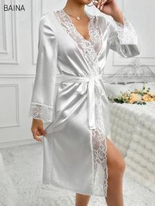 Bata de Novia de Lujo para Mujer, Blanca con Encaje y Satén, Tela Suave y Térmica para Primavera, Largo hasta la Rodilla - Product Image 4