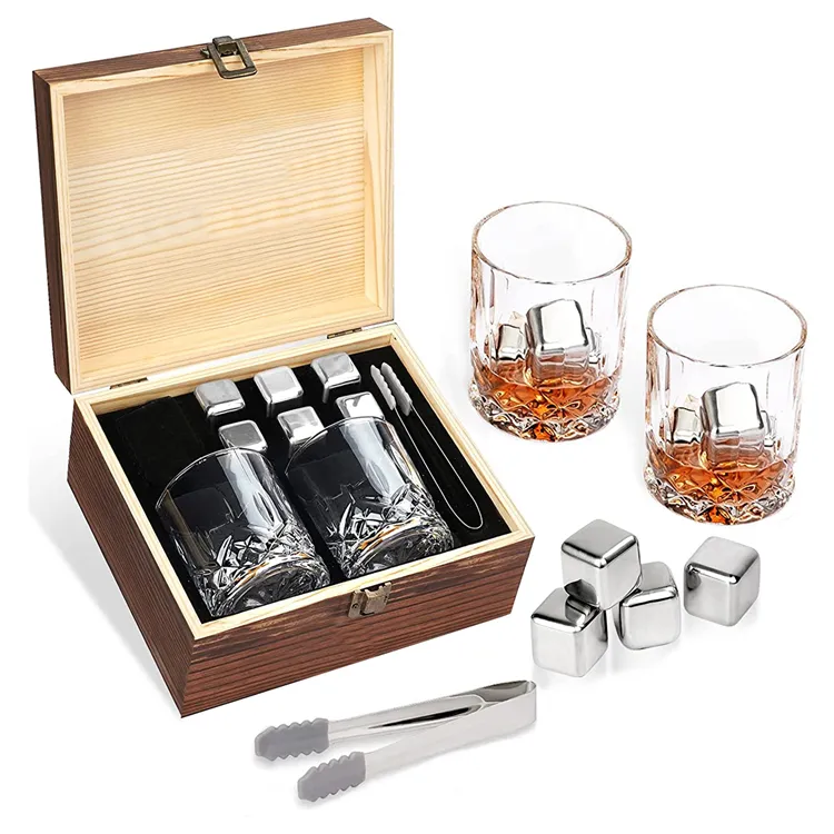 Meilleure vente de produits chinois, glaçons, pierres à whisky en acier inoxydable, pierres à whisky réutilisables, ensemble cadeau en verre