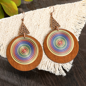 Bohemian Geometric Wood <b>Drop</b> Earrings Antique <b>Bronze</b> Plated Women's Party Jewelry Circular Pattern Design - Product Image 2